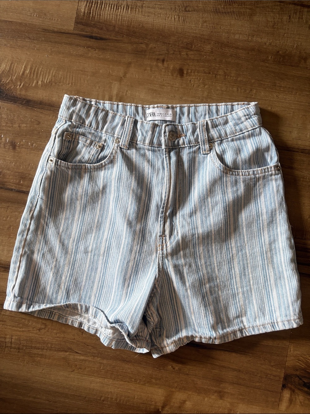 Zara Light Blue & White Striped High-Waist Jean Shorts